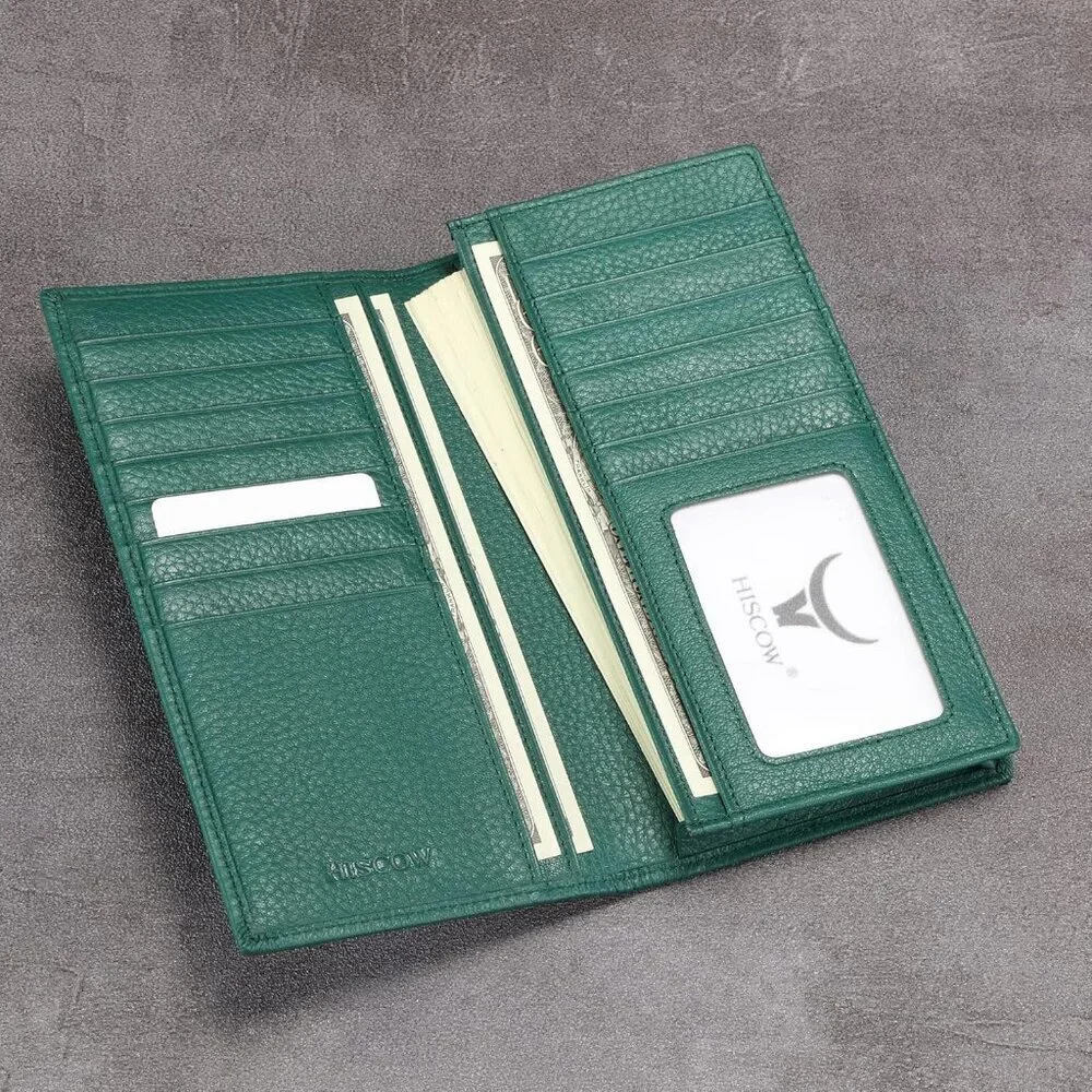 Men's Dark Green Full Grain Leather Long Bifold Wallet Credit Card Slots Style